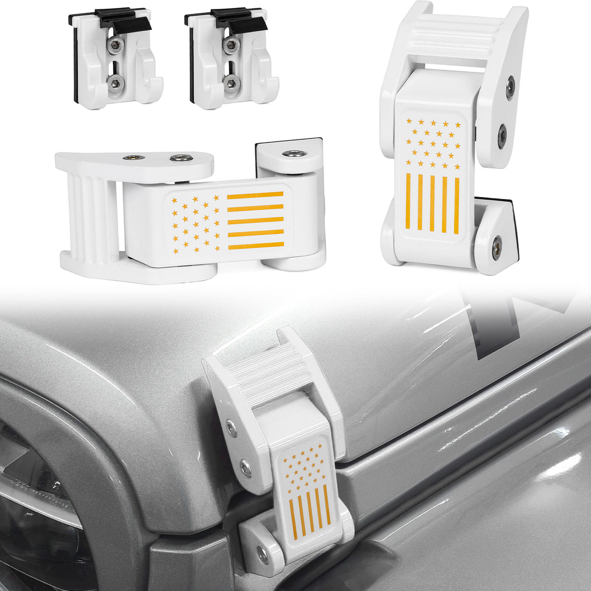 Aluminum Hood Latches Catch Kit with US Flag Style White