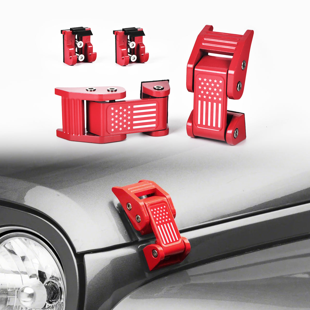 Aluminum Hood Latches Catch Kit with US Flag Style Red