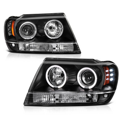 LED Halo Ring Black Housing Projector Headlight, Driver & Passenger Side for 1999-2004 Jeep Grand Cherokee