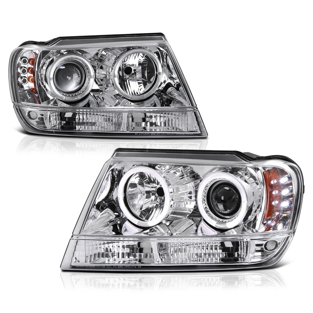 LED Halo Ring Chrome Headlight, Driver & Passenger Side for 1999-2004 Jeep Grand Cherokee