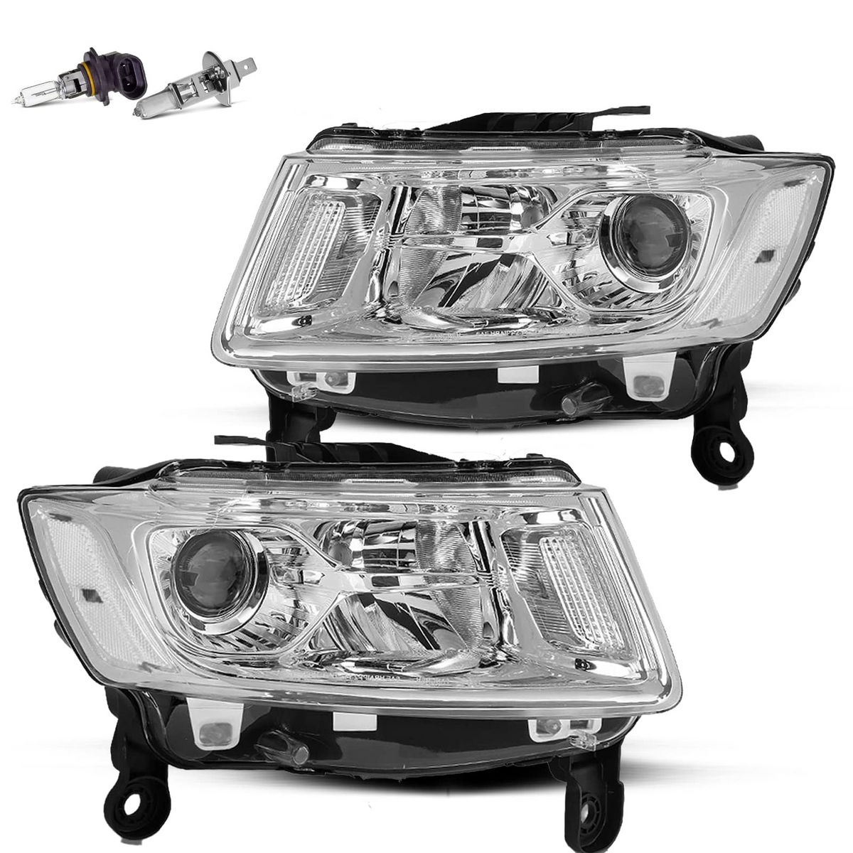 Headlight Assembly Bulbs Included Compatible with 14-16 Jeep Grand Cherokee(Chrome Housing with Clear Reflector)