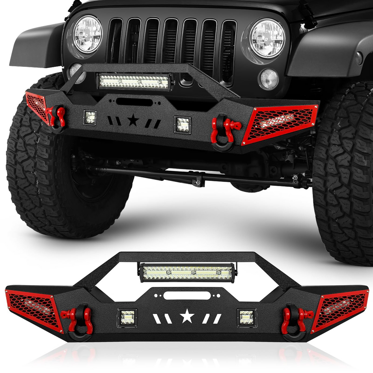 Front Bumper for Jeep Wrangler JK JL & Gladiator JT, 5 x LED Lights & D-rings