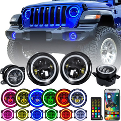 7 inch RGB Halo LED Headlights + 4 inch Fog Lights for Jeep Wrangler