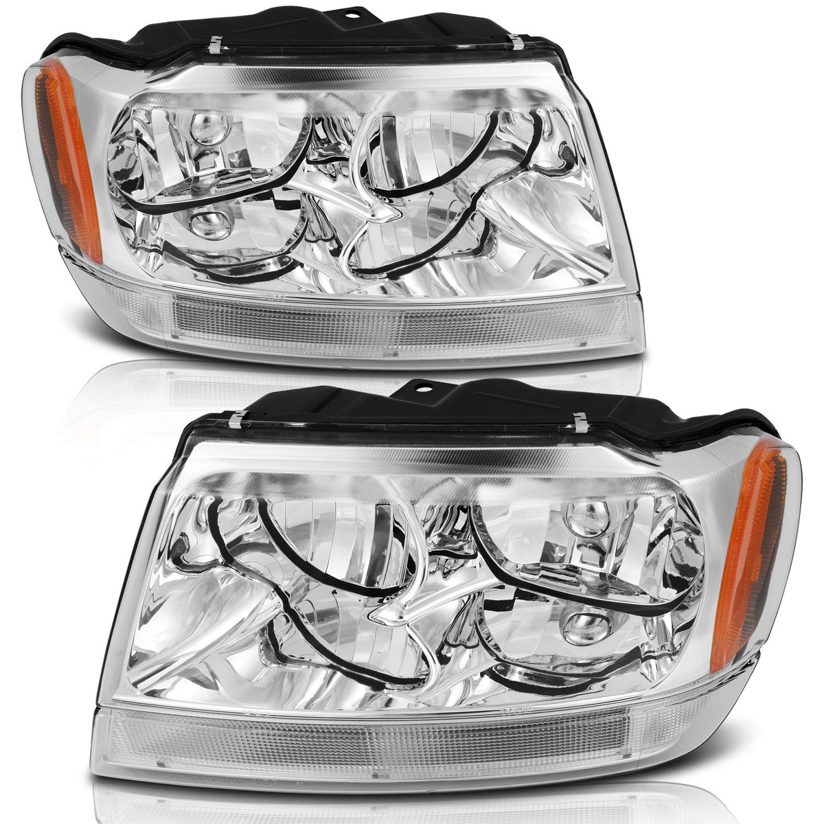 Headlight Assembly Compatible with for Jeep for Grand Cherokee 1999-2004(Chrome Housing Amber Reflector Clear Lens)