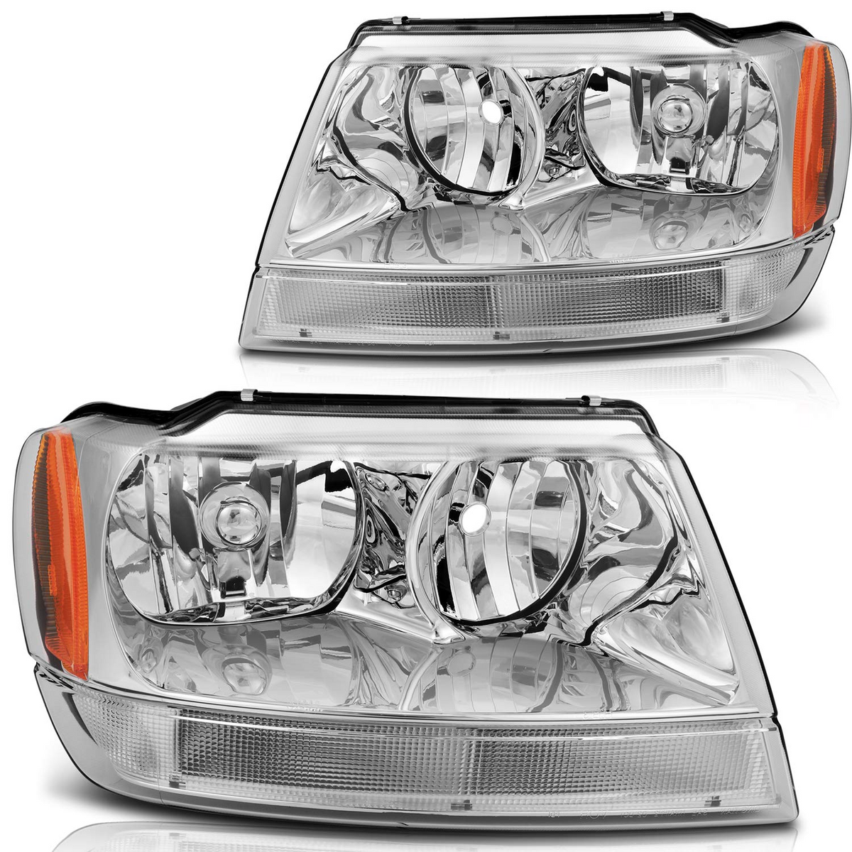 Headlights for Jeep Grand Cherokee 1999-2004 (Chrome Housing Amber Corner Clear Lens)