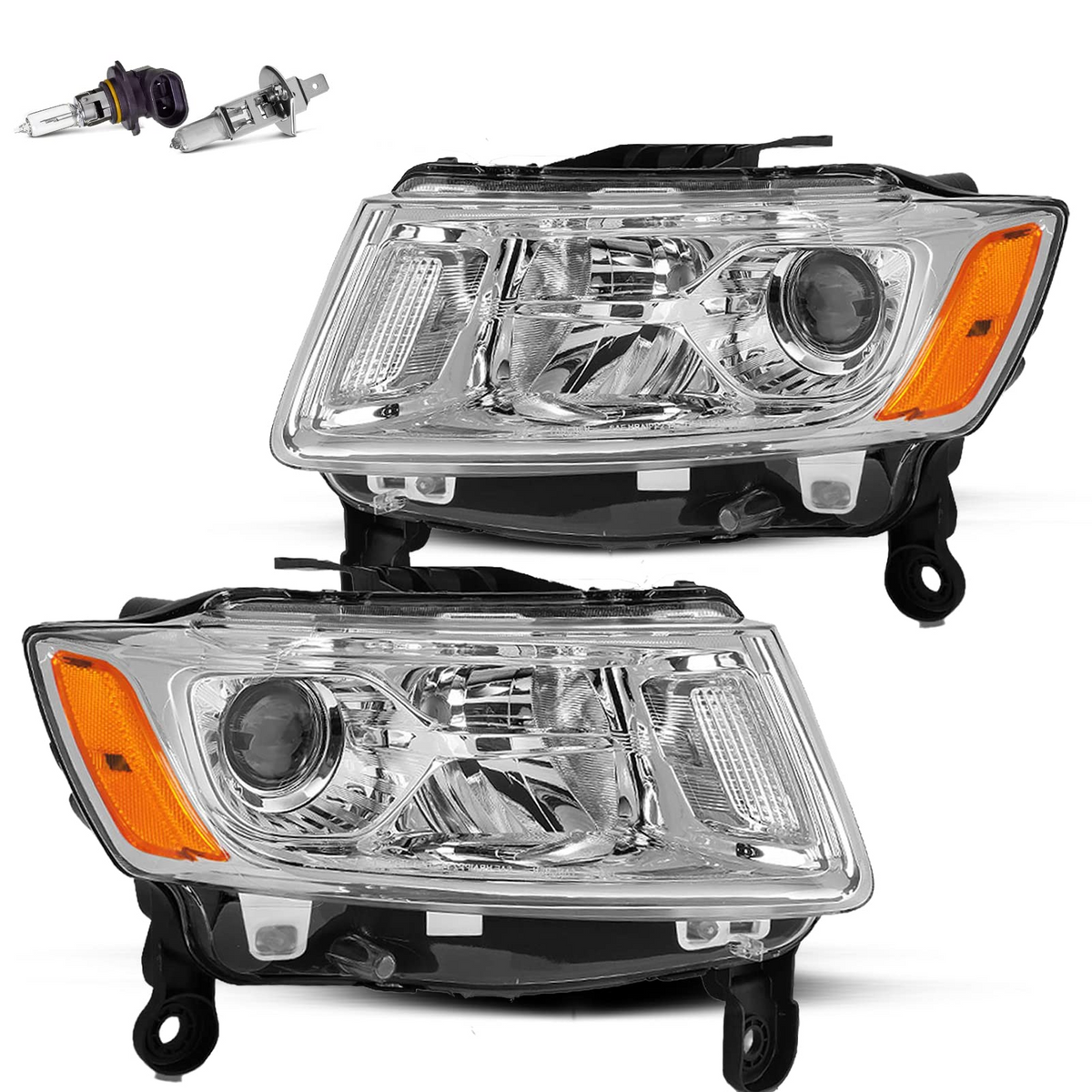 Headlight Assembly Bulbs Included Compatible with 14-16 Jeep Grand Cherokee(Chrome Housing with Amber Reflector)