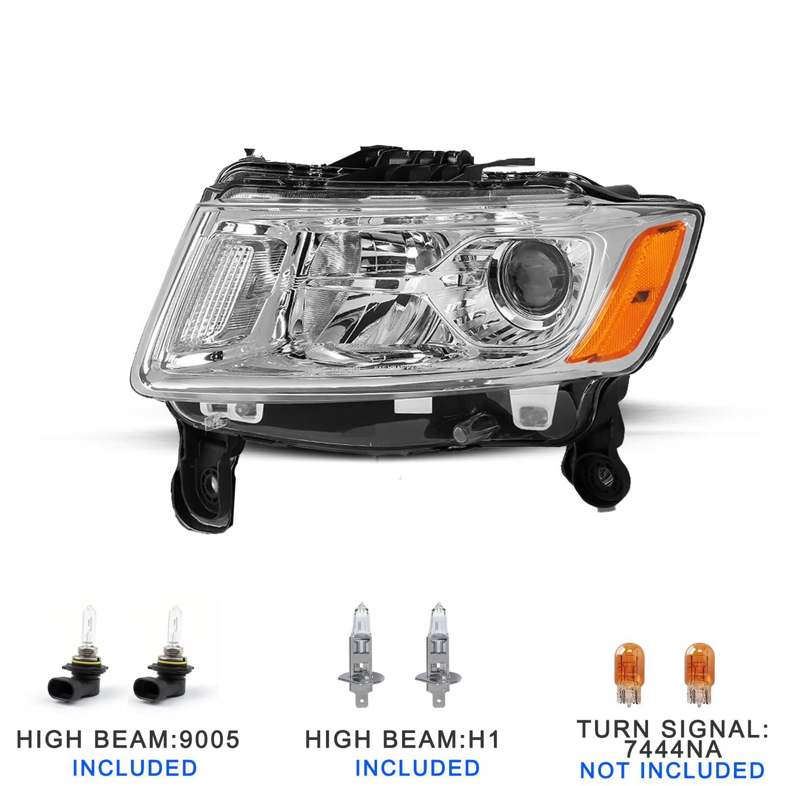 Headlight Assembly Bulbs Included Compatible with 14-16 Jeep Grand Cherokee(Chrome Housing with Amber Reflector)