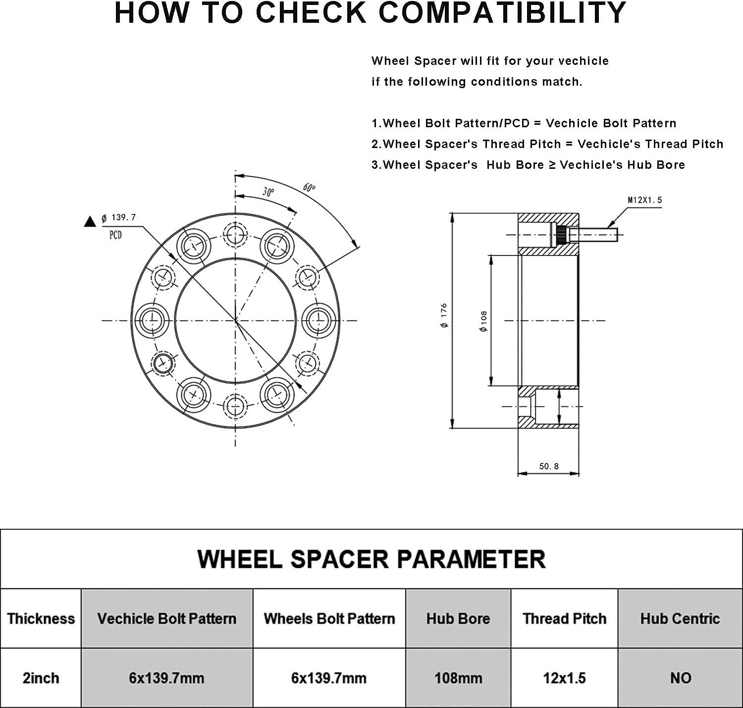 6x5.5 Wheel spacers 2 Inch, Not Hubcentric, 4pcs for Toyota Tacoma