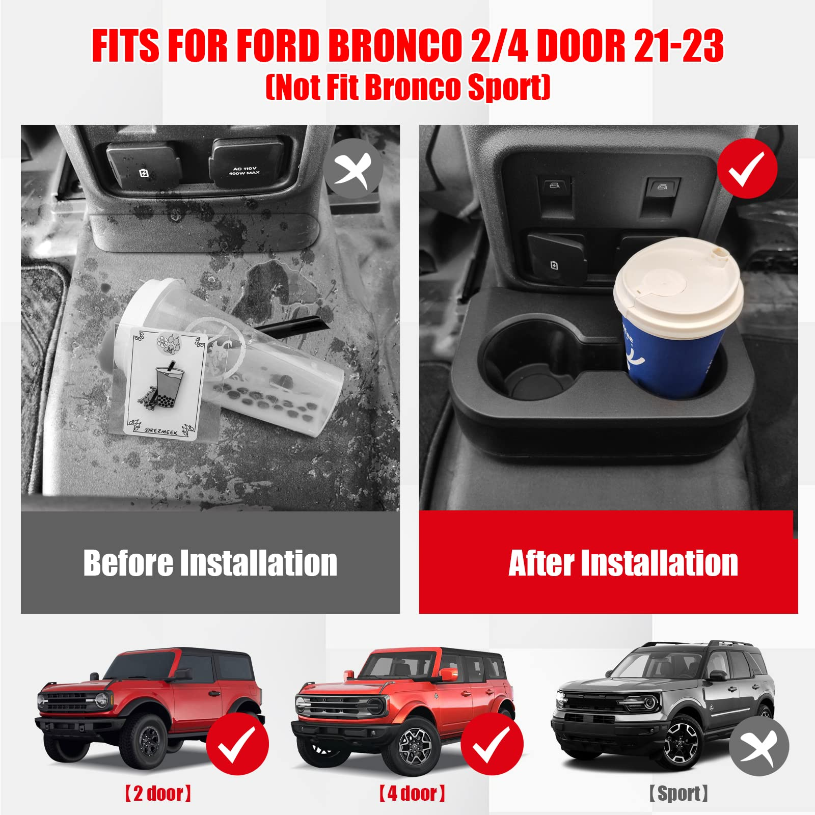 Removable Rear Cup Holder for Ford Bronco 2021 2022 2023 2/4 Door Bronco