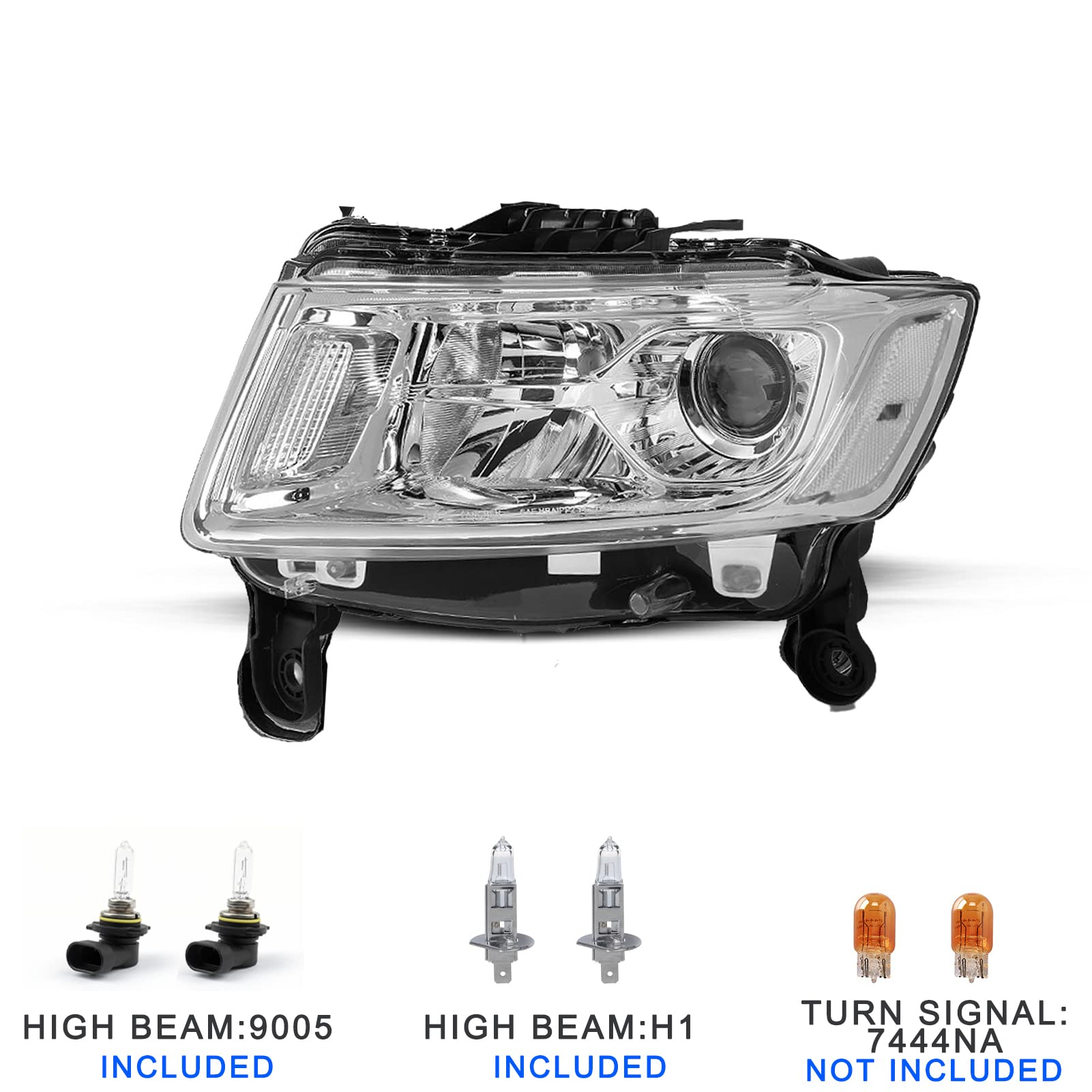 Headlight Assembly Bulbs Included Compatible with 14-16 Jeep Grand Cherokee(Chrome Housing with Clear Reflector)