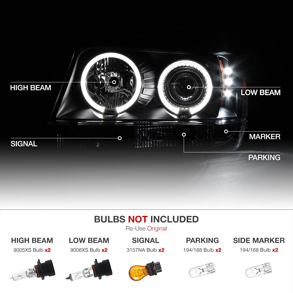 LED Halo Ring Black Housing Projector Headlight, Driver & Passenger Side for 1999-2004 Jeep Grand Cherokee