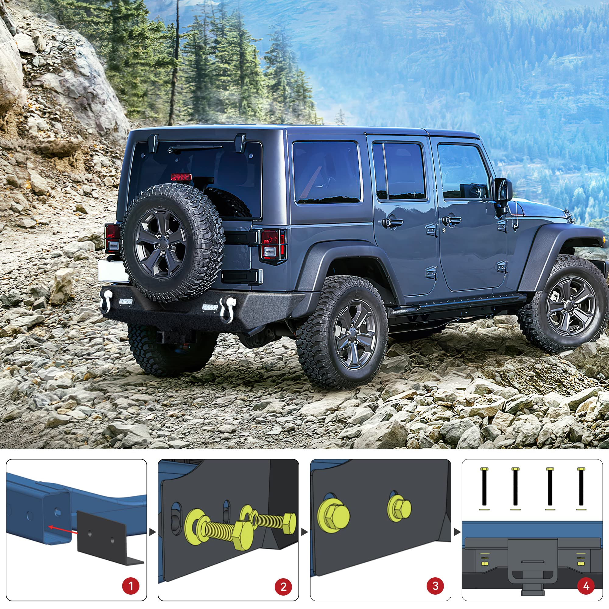 Rear Bumper for Jeep Wrangler JK with 2x LED Lights & 2" Hitch Receiver