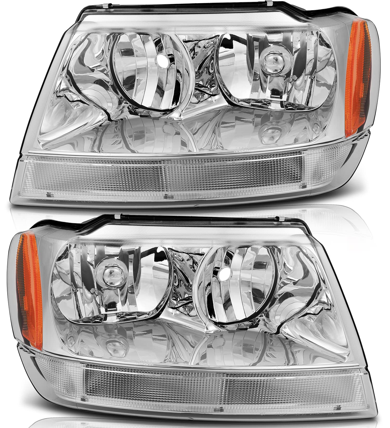 Headlight Assembly Compatible with for Jeep for Grand Cherokee 1999-2004(Chrome Housing Amber Reflector Clear Lens)