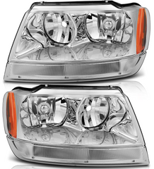 Headlight Assembly Compatible with for Jeep for Grand Cherokee 1999-2004(Chrome Housing Amber Reflector Clear Lens)