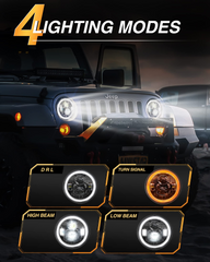 7 Inch Halo Led Headlights Round Compatible with Jeep Wrangler White+Amber Halo