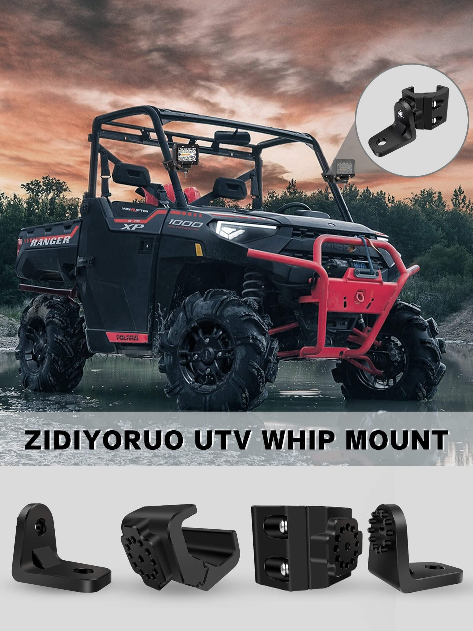 UTV Whip Mount for Polaris Ranger, 2PCS Heavy-Duty Whip Light Mount