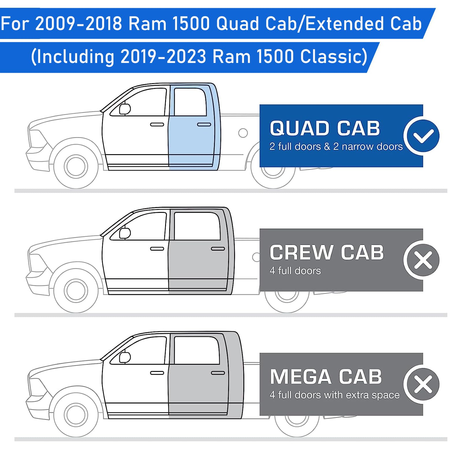 Running Boards Compatible with 2009-2018 Dodge Ram 1500 Quad Cab, 2019-2023 1500 Classic