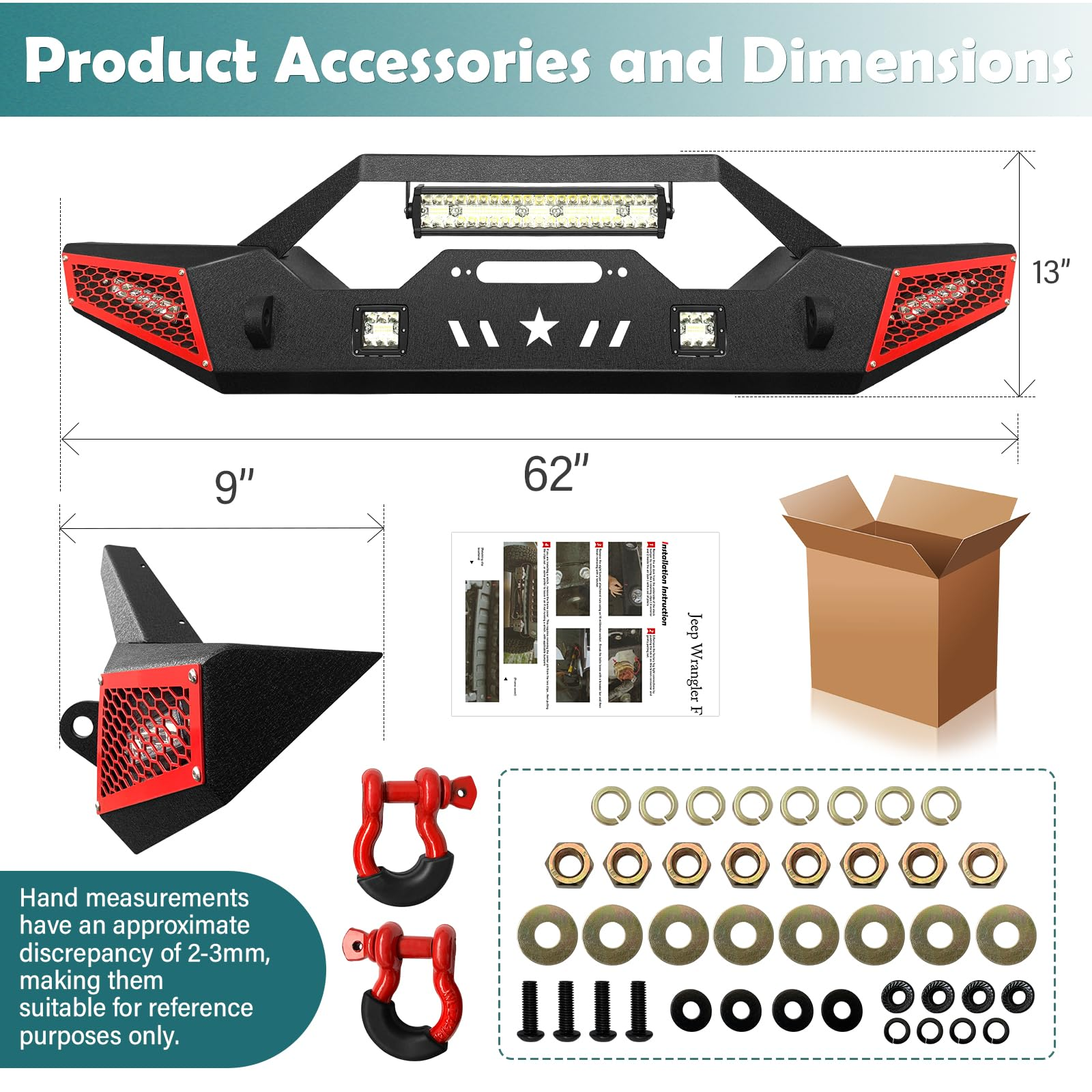 Front Bumper for Jeep Wrangler JK JL & Gladiator JT, 5 x LED Lights & D-rings