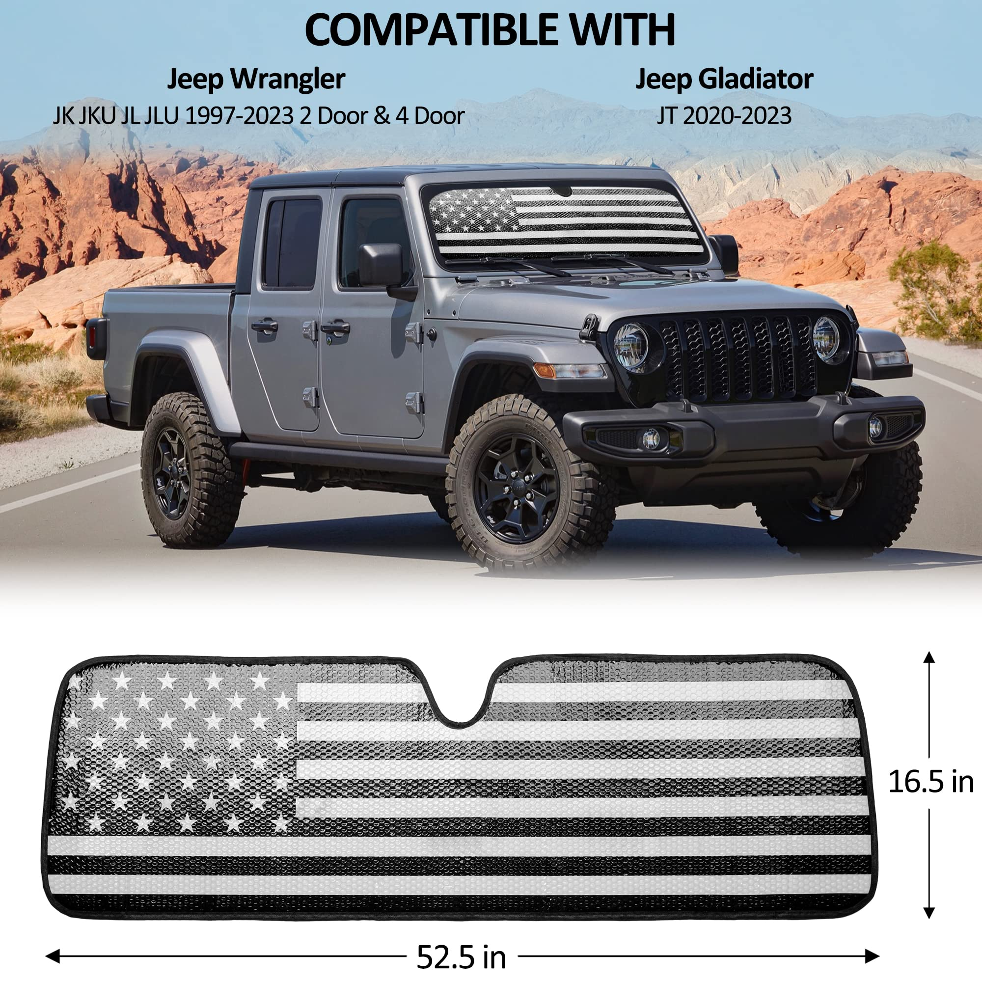 Windshield Sun Shade Compatible with Jeep Wrangler/ Gladiator