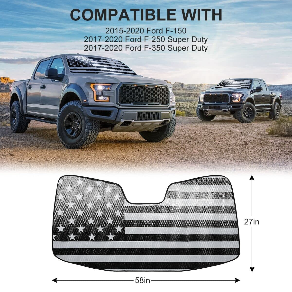 Windshield Sun Shade American Flag Compatible with Ford