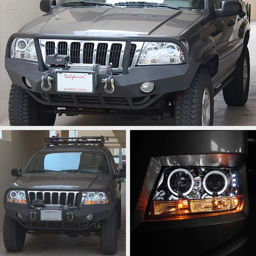 LED Halo Ring Chrome Headlight, Driver & Passenger Side for 1999-2004 Jeep Grand Cherokee