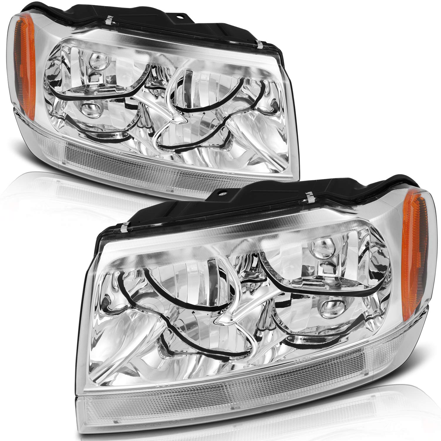 Headlight Assembly Compatible with for Jeep for Grand Cherokee 1999-2004(Chrome Housing Amber Reflector Clear Lens)