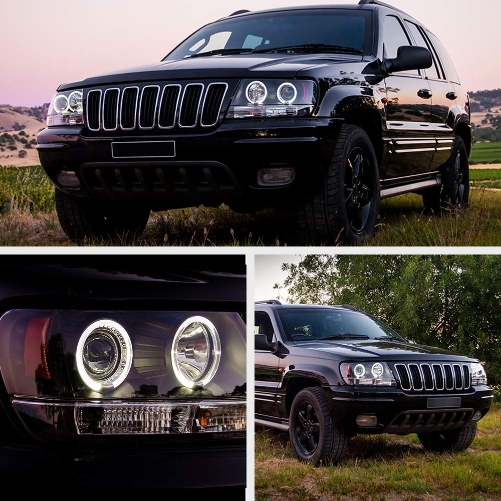 LED Halo Ring Black Housing Projector Headlight, Driver & Passenger Side for 1999-2004 Jeep Grand Cherokee