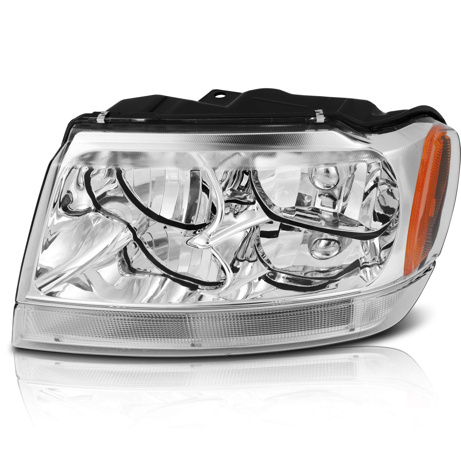 Headlight Assembly Compatible with for Jeep for Grand Cherokee 1999-2004(Chrome Housing Amber Reflector Clear Lens)