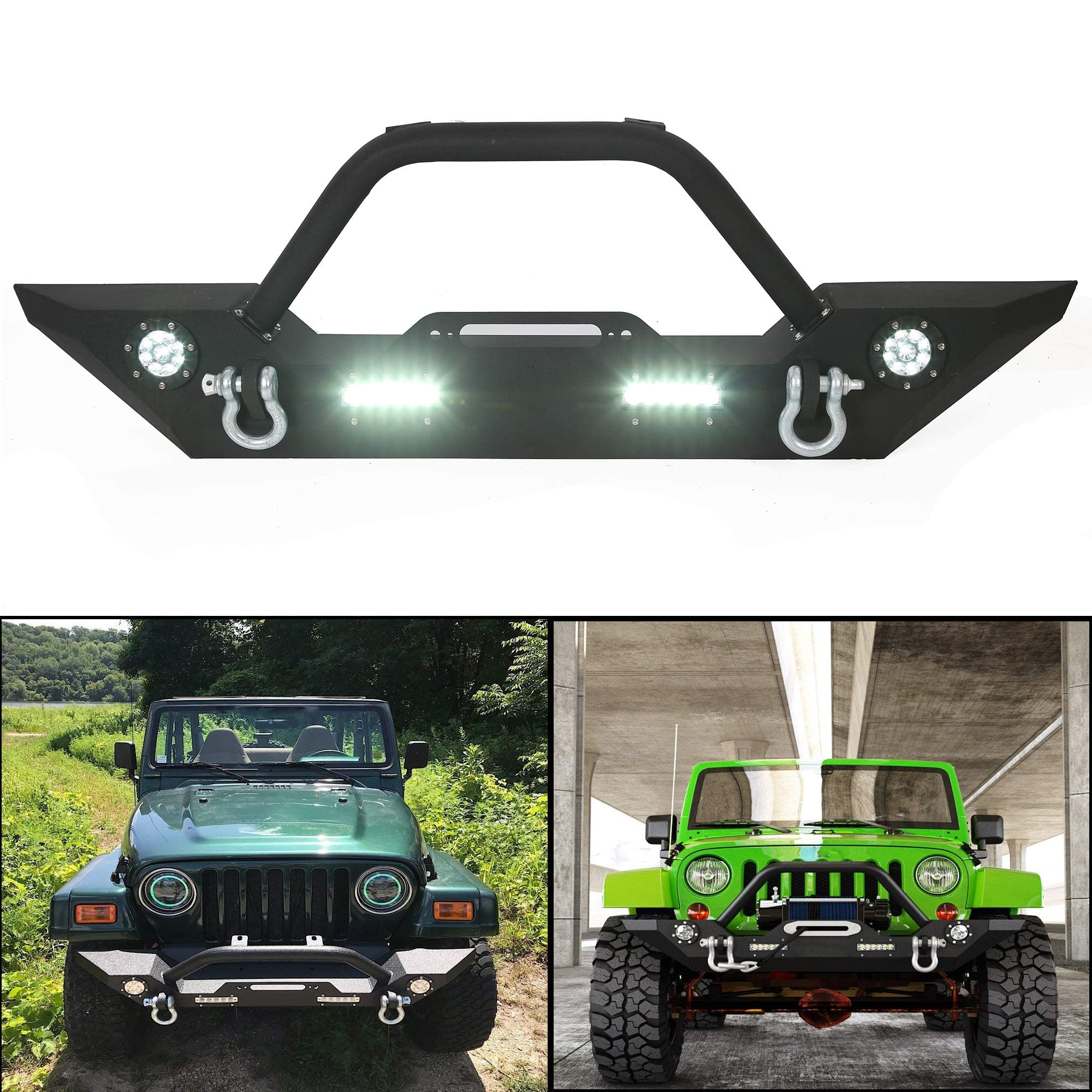 Front Bumper for Jeep Wrangler JK JL Gladiator JT & Pair 18W LED Lights